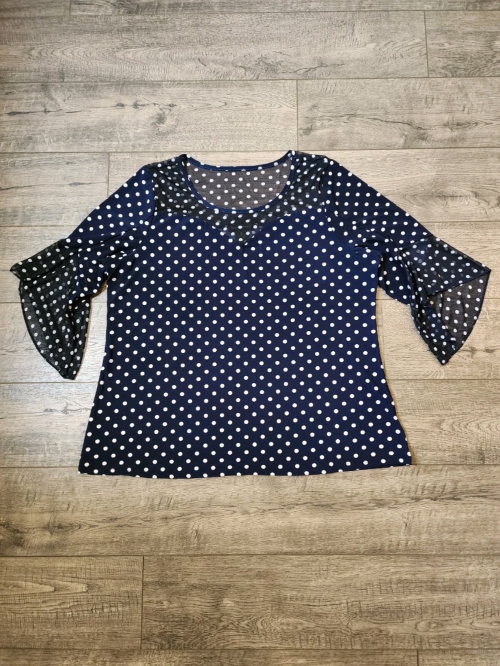 Susan Lawrence Womens Navy Blouse White Polka Dot Flare 3/4 Sleeve Size XL Sheer